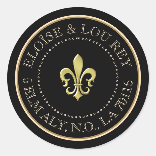 Sticker Rond Fleur de Lis Metallic Gold Black Adresse de retour (Devant)