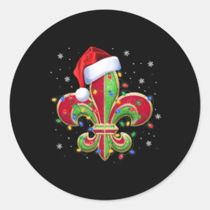 Sticker Rond Fleur De Lis Ornement De Noël Avec Santa Hat Xma