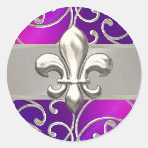 Sticker Rond Fleur de Lis rose violet et argenté