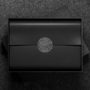 Sticker Rond Fleur de Lis Vintage Damassé Grunge Argent Noir