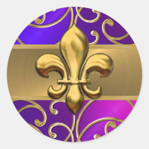 Sticker Rond Fleur de Lis violet rose et doré