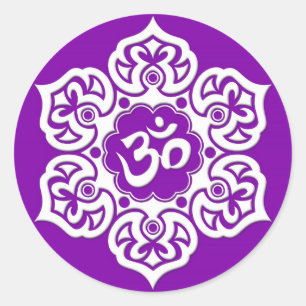 Sticker Rond Fleur de Lotus blanc OM sur le pourpre
