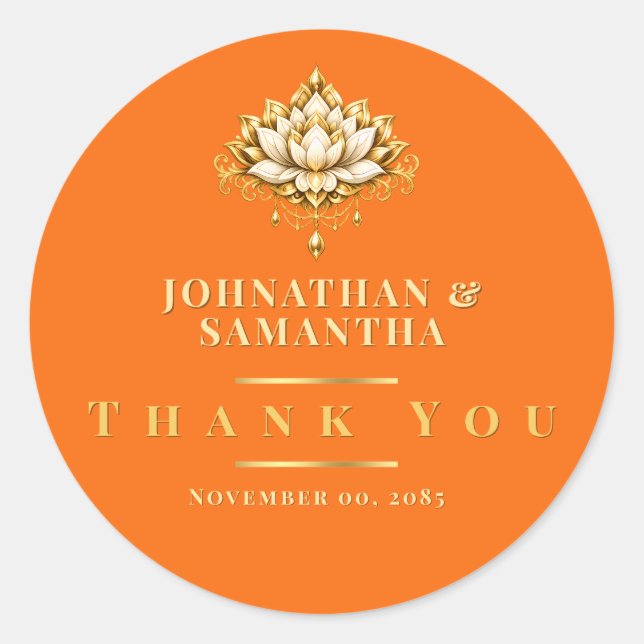 Sticker Rond Fleur de lotus dorée orange Merci indien (Devant)