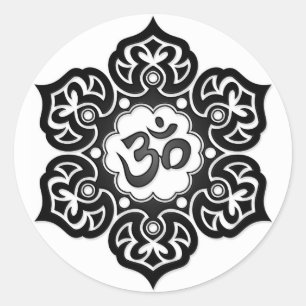 Sticker Rond Fleur de Lotus noire OM sur le blanc