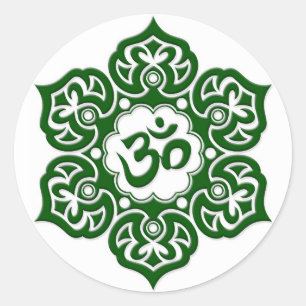 Sticker Rond Fleur de Lotus verte OM sur le blanc