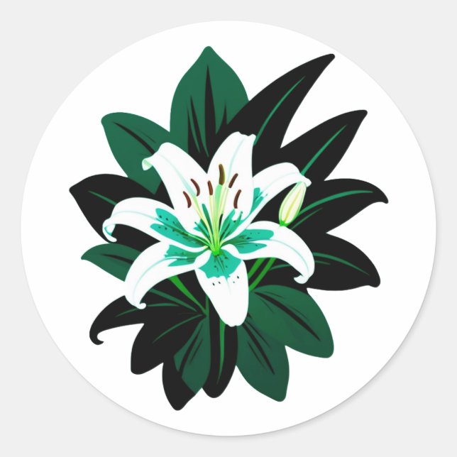 Sticker Rond Fleur de lys blanche avec feuilles vert foncé (Devant)