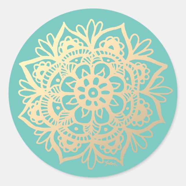 Sticker Rond Fleur de mandala dorée et sarcelle (Devant)