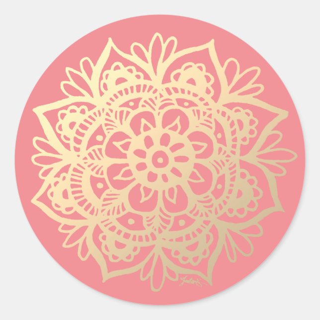 Sticker Rond Fleur de mandala or et rose (Devant)