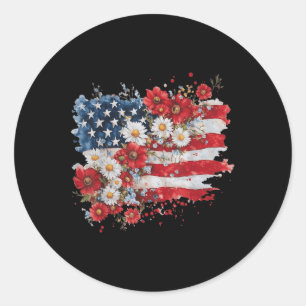 Sticker Rond Fleur de marguerite rétro Drapeau américain Patrio