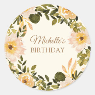 Sticker Rond Fleur de naissance nom crème jaune