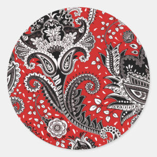 Sticker Rond Fleur de Paisley Rouge Noir et Blanc Bohème Boho