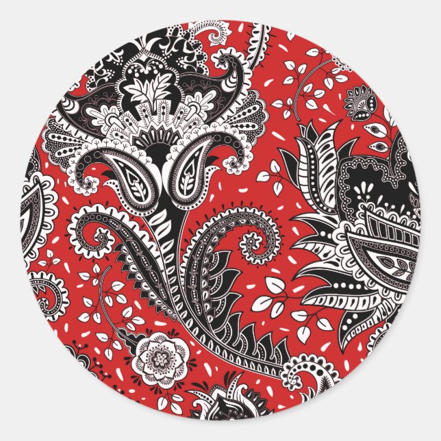 Sticker Rond Fleur de Paisley Rouge Noir et Blanc Bohème Boho (Devant)
