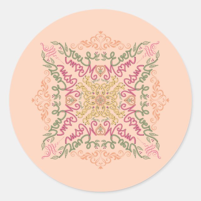 Sticker Rond Fleur de pêche douce Script kaléidoscopique Meille (Devant)