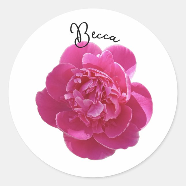 Sticker Rond Fleur de pivoine rose vive personnalisée (Devant)