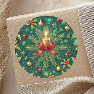 Sticker Rond Fleur de Poinsettia de Bougie Or en Motif Vert