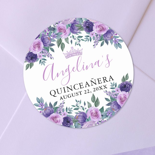 Sticker Rond Fleur de pourpre pour Quinceañera (Floral Purple Quinceanera Classic Round Sticker)