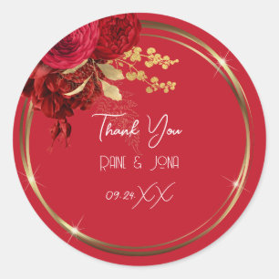 Sticker Rond Fleur de remerciement Cœur Mariage Douzième Or Rou