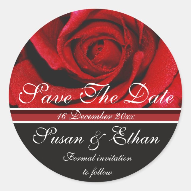 Sticker Rond Fleur de rose rouge, Save The Date, (Devant)