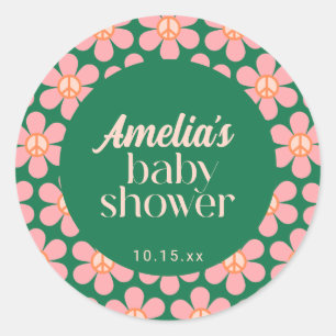 Sticker Rond Fleur de signe de paix rétro Vert Rose Baby Shower