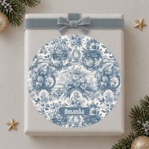 Sticker Rond Fleur de toile de Jouy bleue vintage monogramme