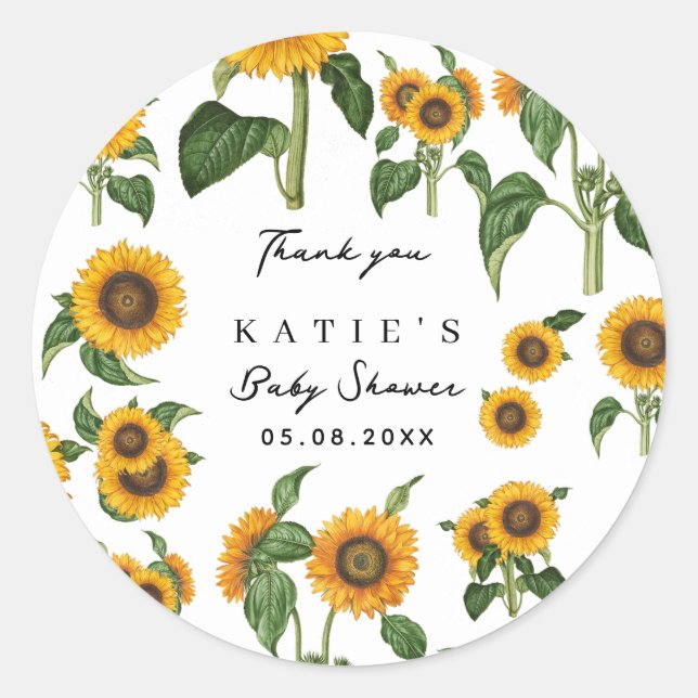 Sticker Rond Fleur de tournesol Botanique Baby shower Favoriser (Devant)