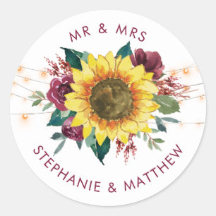 Sticker Rond Fleur de tournesol rustique Lumières Mariage M & M