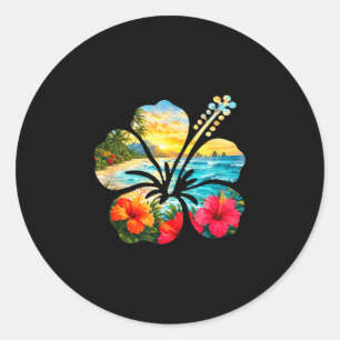 Sticker Rond Fleur d'hibiscus vintage plage été aloha