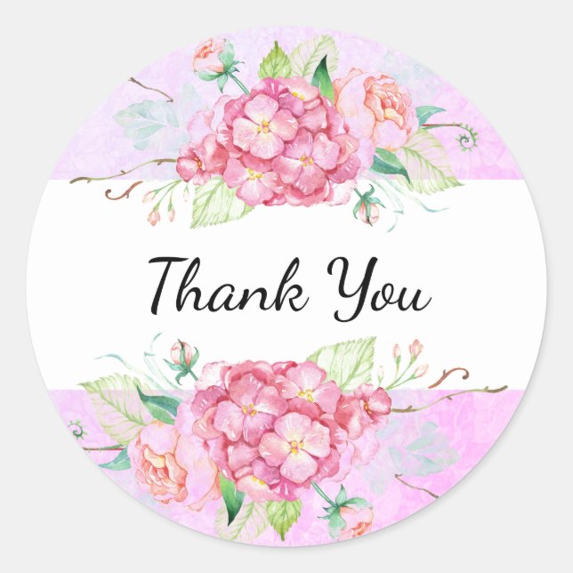 Sticker Rond Fleur d'hortensia rose pastel Merci  (Devant)