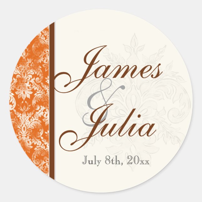 Sticker Rond Fleur di Lys Damask - Sceau Mariage orange (Devant)