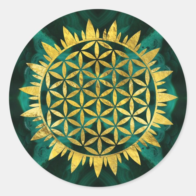 Sticker Rond Fleur d'or de la vie sur malachite (Devant)