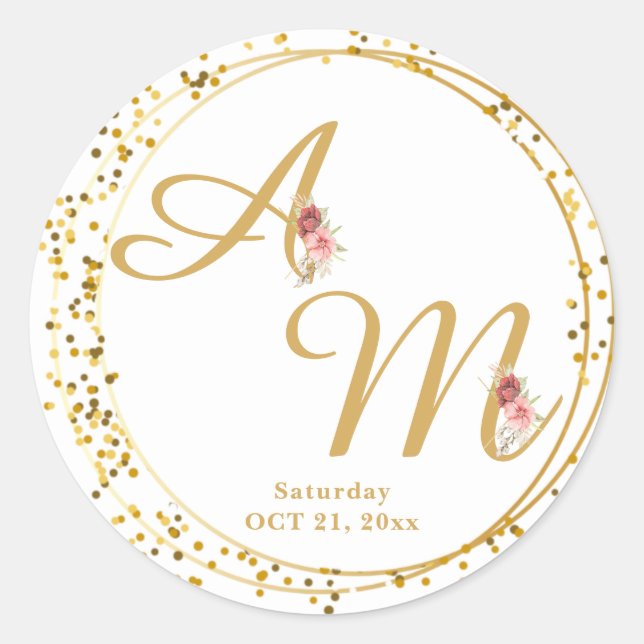 Sticker Rond Fleur d'or monogramme blanc minimal (Devant)