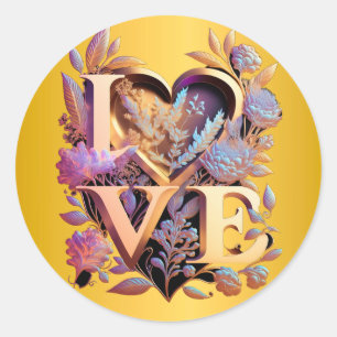 Sticker Rond Fleur Élégante, Cœur et Amour Doré