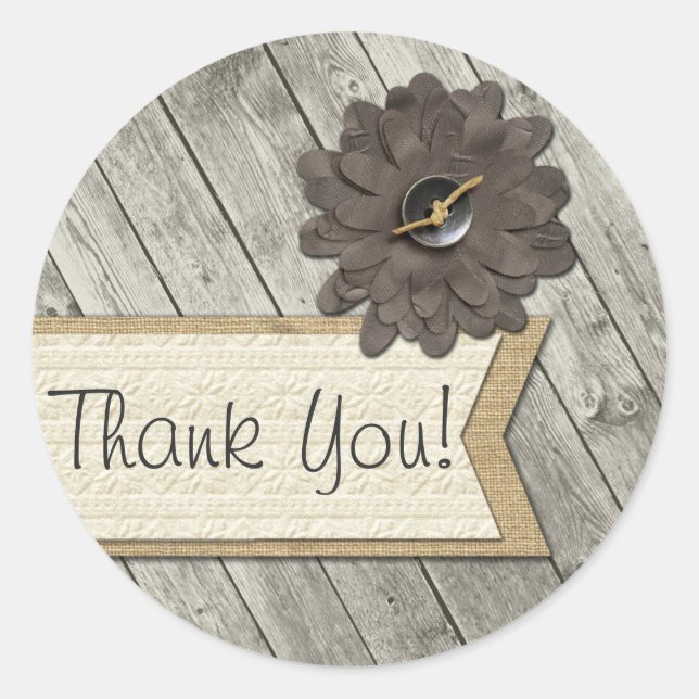 Sticker Rond Fleur en tissu à bouton en bois rustique Merci en  (Devant)