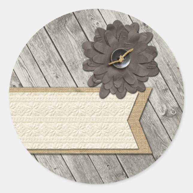 Sticker Rond Fleur en tissu avec bouton en bois rustique et toi (Devant)