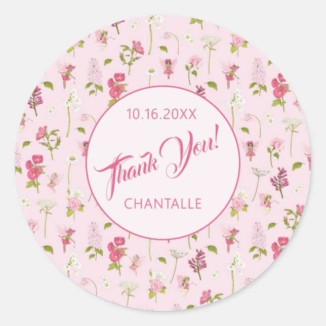 Sticker Rond Fleur Fairy Merci Nom Date (Devant)