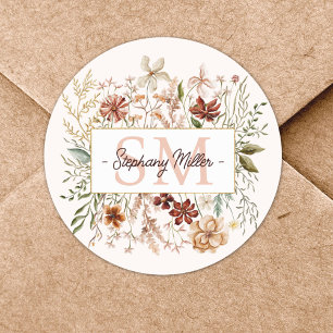 Sticker Rond Fleur Florale Élégante Monogramme Aquarelle Automn