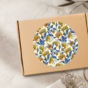 Sticker Rond Fleur Florale Vintage Jaune Orange Bleu Feuille