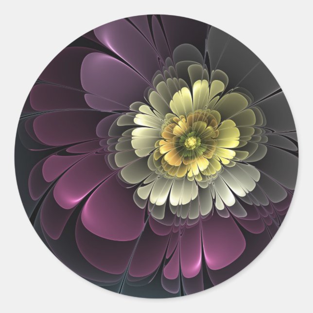 Sticker Rond Fleur fractale grise et pourpre moderne abstraite (Devant)