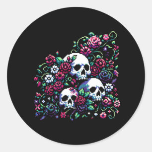 Sticker Rond Fleur gothique - Mystique floral crâne Pixel Art
