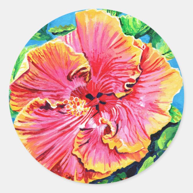 Sticker Rond Fleur Hawaïenne Rose Rouge Hibiscus Aloha (Devant)