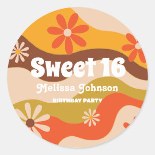 Sticker Rond Fleur hippie Super rétro Sweet 16 Anniversaire