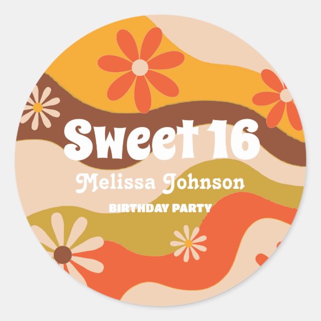 Sticker Rond Fleur hippie Super rétro Sweet 16 Anniversaire (Devant)