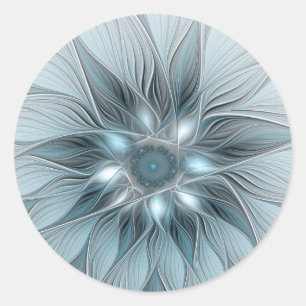 Sticker Rond Fleur joyeuse abstraite fleur bleue grise fractale