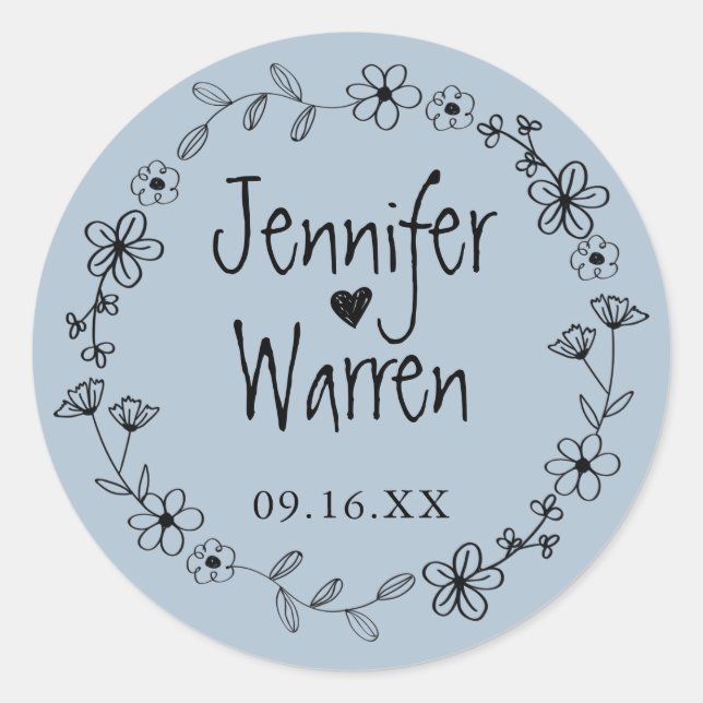 Sticker Rond Fleur Main Levée Wreath Personnalisé Dusty Blue (Devant)