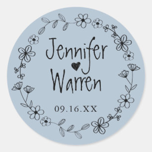 Sticker Rond Fleur Main Levée Wreath Personnalisé Dusty Blue
