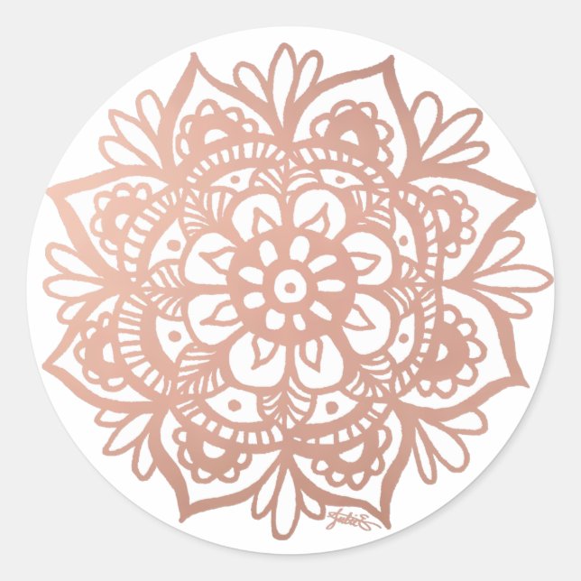 Sticker Rond Fleur Mandala rose or rose (Devant)