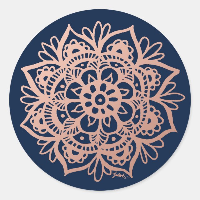 Sticker Rond Fleur Mandala rose or rose foncé bleu (Devant)