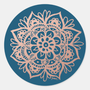 Sticker Rond Fleur Mandala rose or rose sur Navy