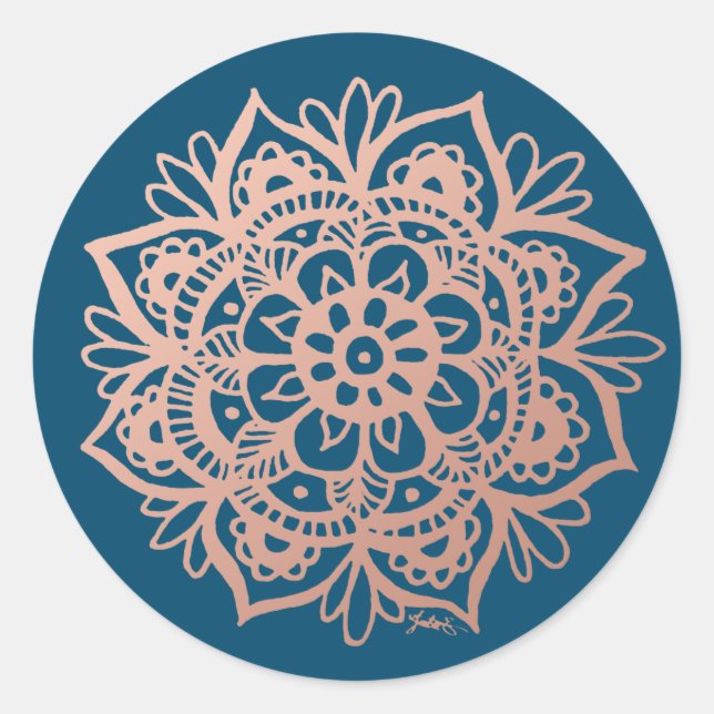 Sticker Rond Fleur Mandala rose or rose sur Navy (Devant)