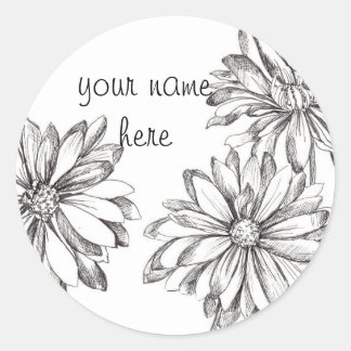 Sticker Rond Fleur marguerite blanche noire Nom personnalisé
